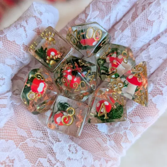 Amanita Mushroom & Moss DnD Dice Set, 8 Pieces with Copper Foil