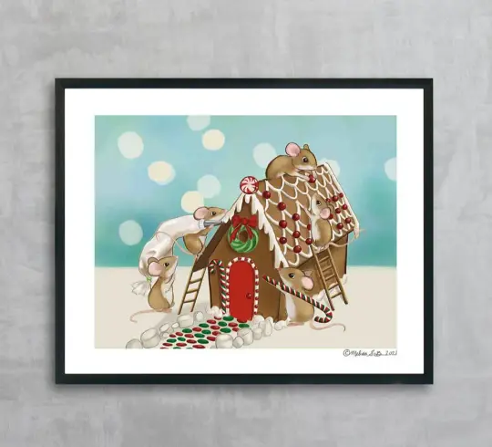 Mice Gingerbread House Construction Crew Fine Art Print