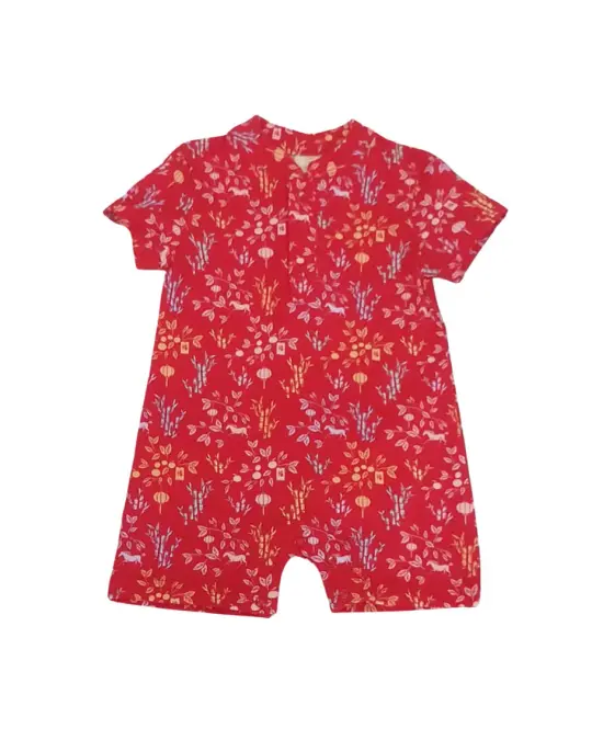 Mandarin-collared Polo Romper - Red Floral Bamboo