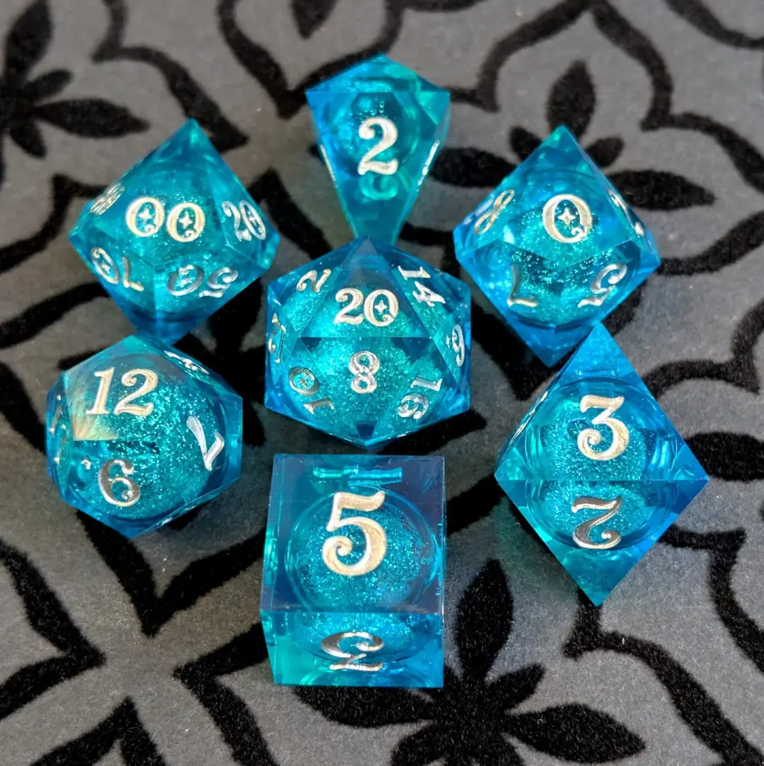 Teal Liquid Core Dice Set – 7pc Sharp Edge with Crystal D4