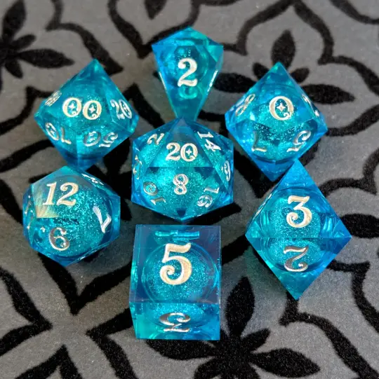 Teal Liquid Core Dice Set – 7pc Sharp Edge with Crystal D4