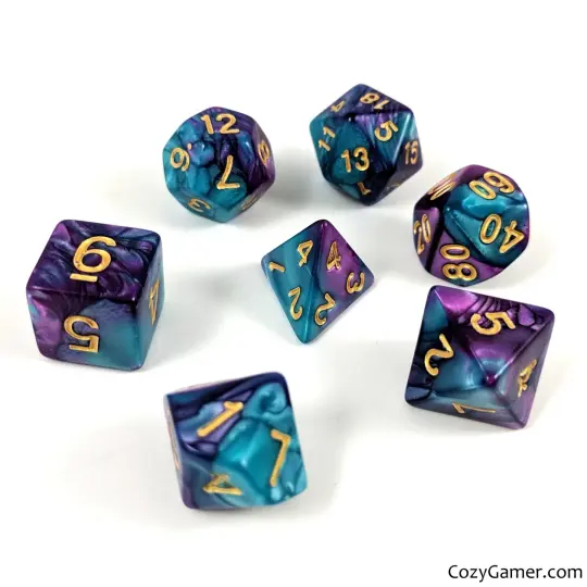 Guidance Dice Set – 7-Piece Pearly Blue Purple DnD Dice Gold Numbers