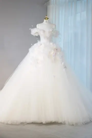 White off-the-shoulder, fitted waist, full skirt, long ball gown, bridal dress R9028