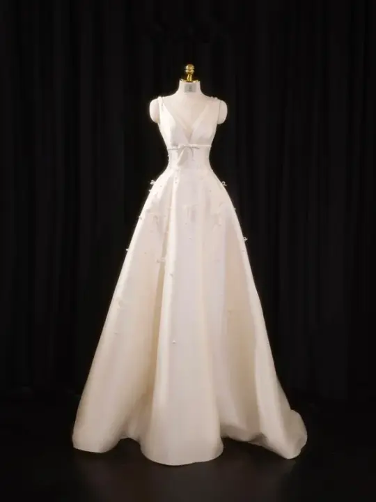 Light apricot satin halter-neck fitted long ball gown, bridal dress R8912