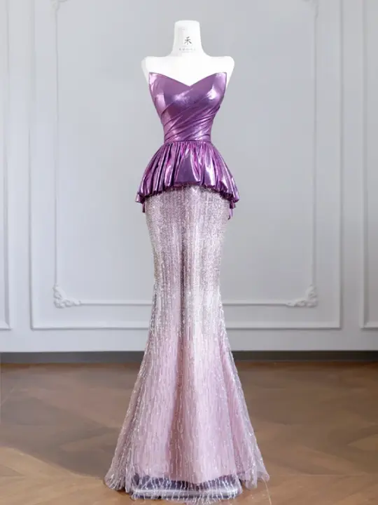 Purple strapless fitted bodice and light purple bodycon sexy skirt set for a prom dress R8242