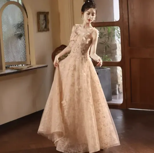Elegant Champagne Prom Gown , Floral Tulle Corset Maxi Evening Dress Celebrity Dress RS1614