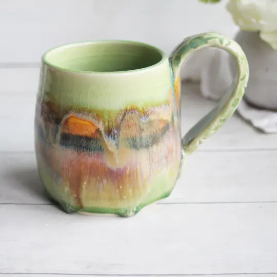 Artisan Pottery Mug in Crackle Green and Earthy Glazes, 17 oz.
