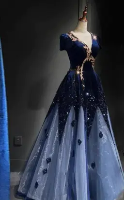 Gorgeous Navy Sequins Prom Dress for Women,A-Line V-neck Embroidery Maxi Evening Dress RS1033