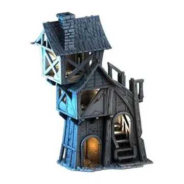 Crookspire Ruined House 28mm 3D printed medieval fantasy town terrain, 3D render, three-quarter view