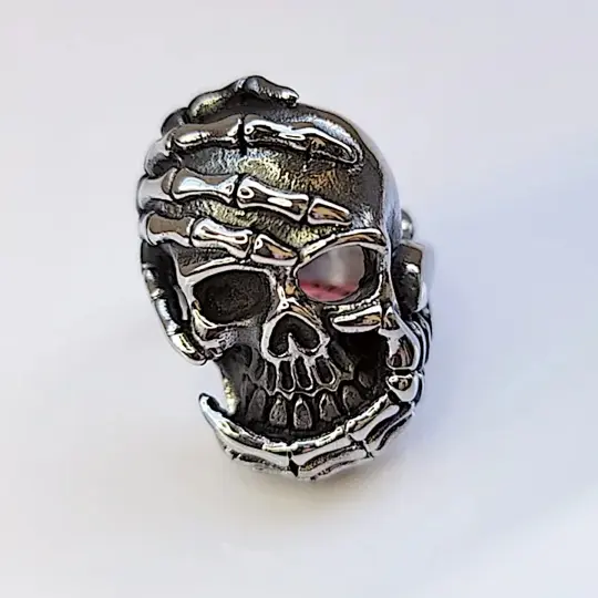 Shut Up Men’s Biker Ring with Evil King Motif in Black Oxidized Steel