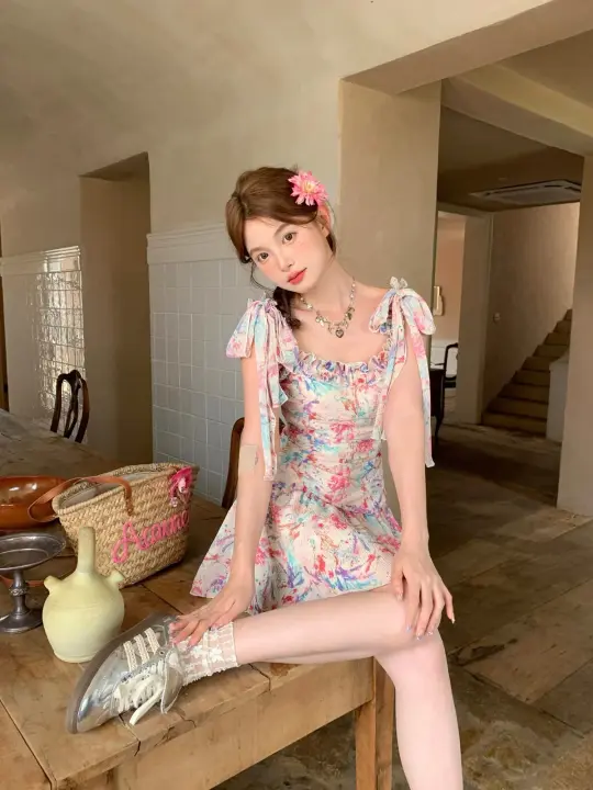 Colorful suspenders with lace-up waist slimming A-line short skirt homecoming dress R3875