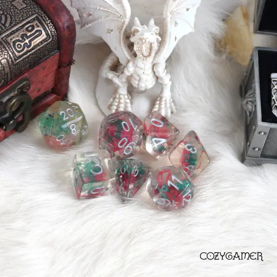 Pink and Teal Reindeer Moss Dice Set – 7-Piece Real Moss DnD Dice