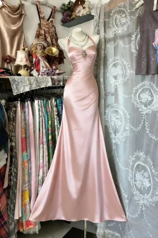 Cute Pink Mermaid Halter Long Women Dress with Beaded Evening Dress Birthday Dress RS117