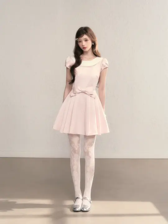 Pink baby doll collar slim waist A-line short skirt homecoming dress R5403