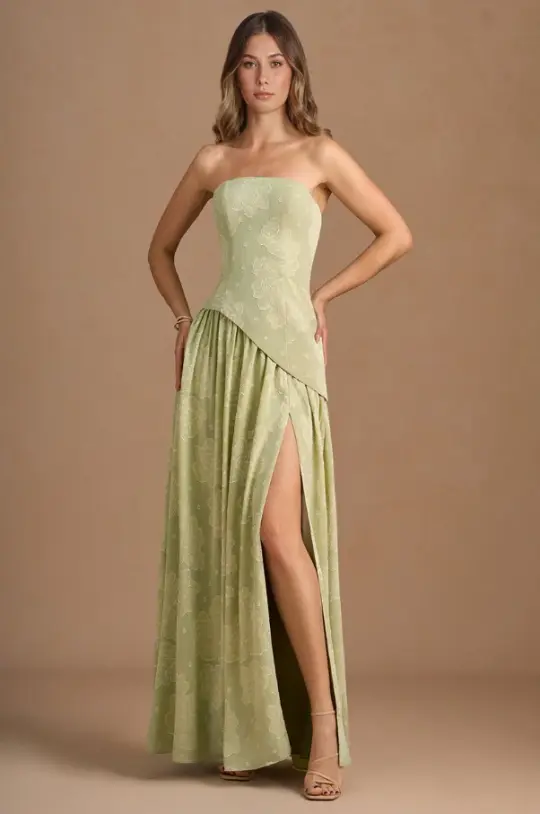 Minimalist Bud Green A-Line Strapless Satin Corset Maxi Prom Dress Evening Dress RS627