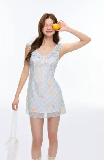 Light Blue Gingham Floral Mini Dress with Lace Trim, Ruffled Straps, Front Tie Detail and A-Line Silhouette R9246