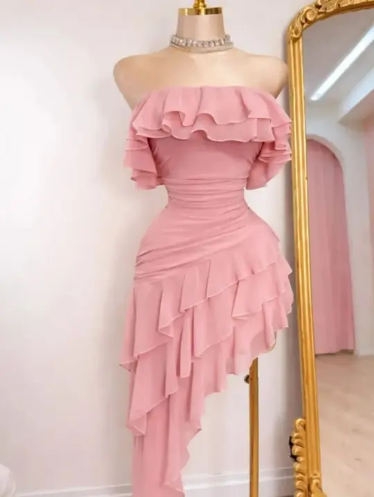 Elegant Blush Pink A-Line Strapless Ruffled Chiffon Bodycon Mini Dress with Asymmetrical Hem Homecoming Dress RS167