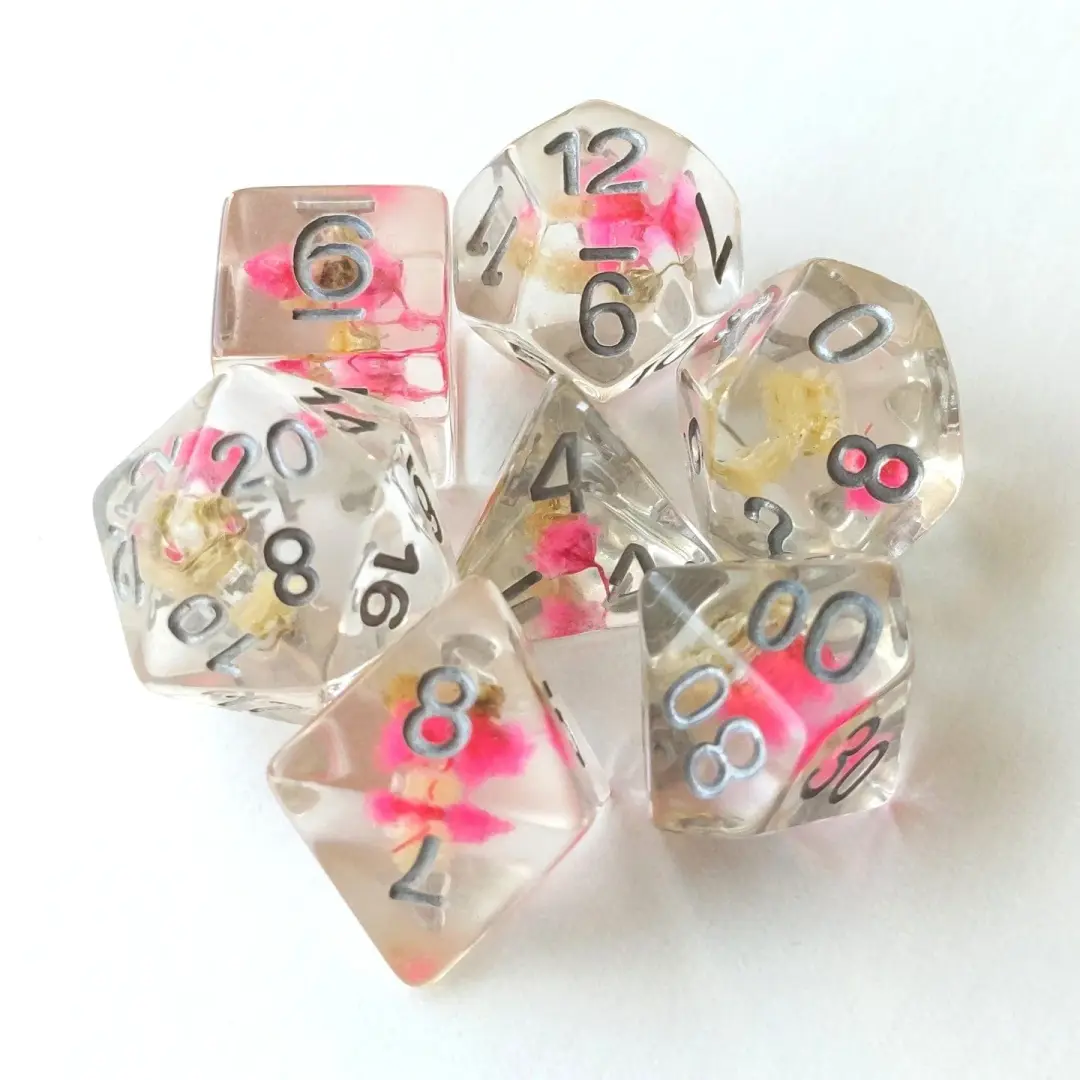 Pink Yellow Flower Dice Set – 7-Piece Real Dried Flowers DnD Dice