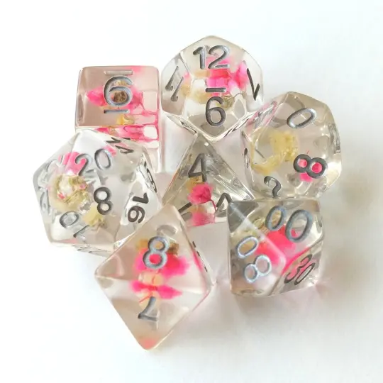 Pink Yellow Flower Dice Set – 7-Piece Real Dried Flowers DnD Dice