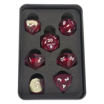 Ruby red liquid core gem cut resin DnD dice set with silver numbers in a Project Kirtrite metal tin