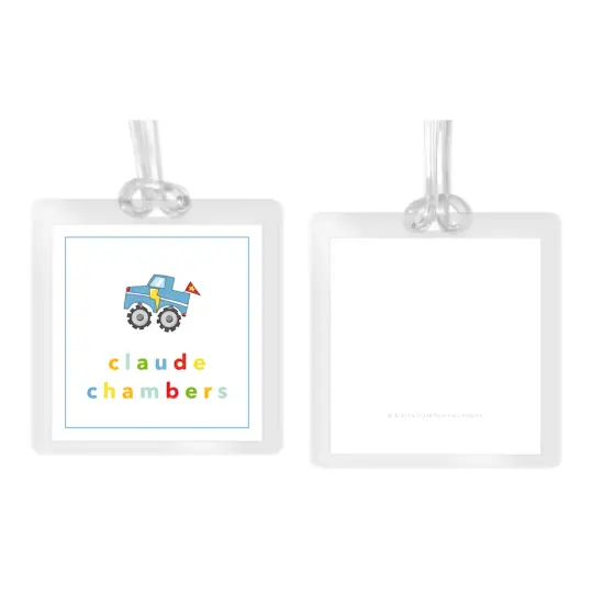 Boy's Blue Monster Truck Square Laminated Bag Tag