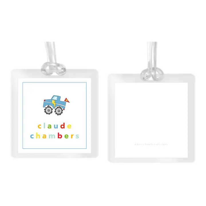 Boy's Blue Monster Truck Square Laminated Bag Tag