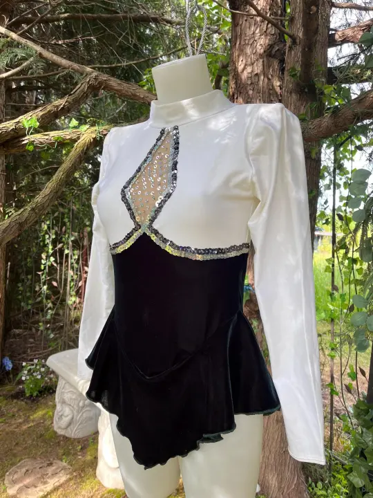 Vintage Sequin Ice Skating Leotard: Black Velvet & White Satin Bodysuit