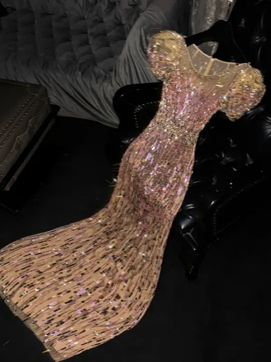 Gold sequined round neck fitted waist long ball gown, bridal dress R8787