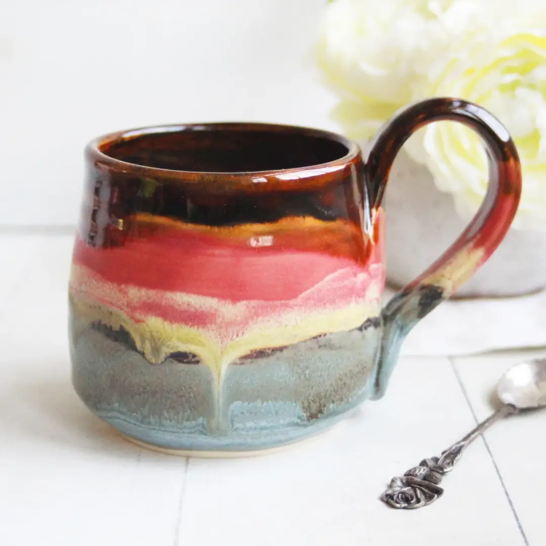 Handcrafted Pottery Mug in Earthy Amber and Green Glazes, 13 oz., Made in USA