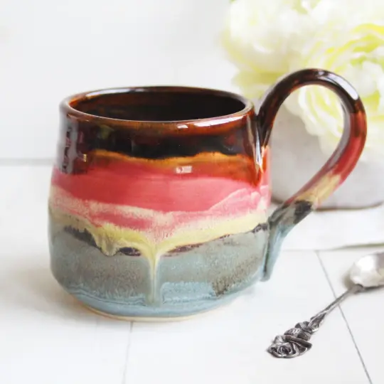 Handcrafted Pottery Mug in Earthy Amber and Green Glazes, 13 oz., Made in USA