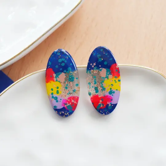 Blue and Gold Glitter Abstract Art Oval Resin Stud Earrings