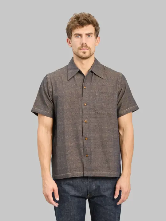 Samurai Jeans SOS26-KSK "Kanoko Aimadara" Open Collar Shirt Indigo Brown
