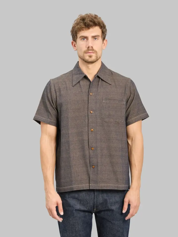 Samurai Jeans SOS26-KSK "Kanoko Aimadara" Open Collar Shirt Indigo Brown
