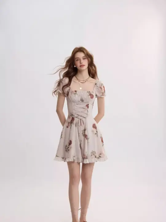 Rose Garden French Floral Short Dress R2709