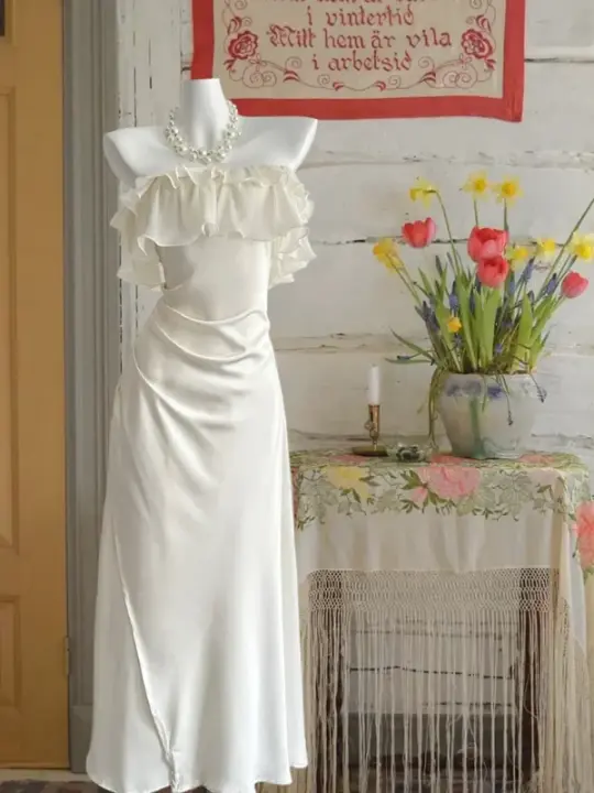White off-the-shoulder ruffled maxi dress, fitted waist, ball gown R6223
