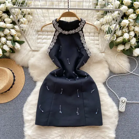 Small dress high-end niche beaded tassel slim short heavy diamond-studded halter dress R2338