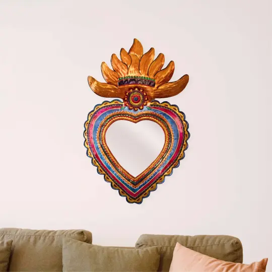 Flower Sacred Heart Milagro Mirror Tin Art Wall Decor