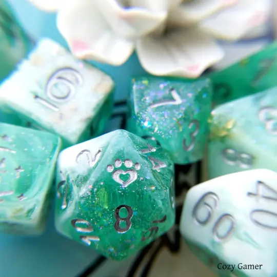 Seafoam 8 Piece Dice Set. Clear Teal and White Marble, with Glitter and Foil