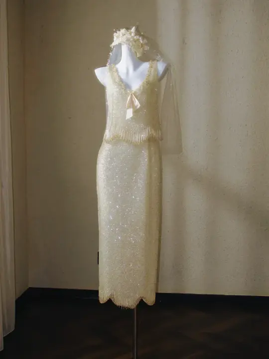 Apricot Sequined Strapless Retro Elegant Bridal Dress R5695
