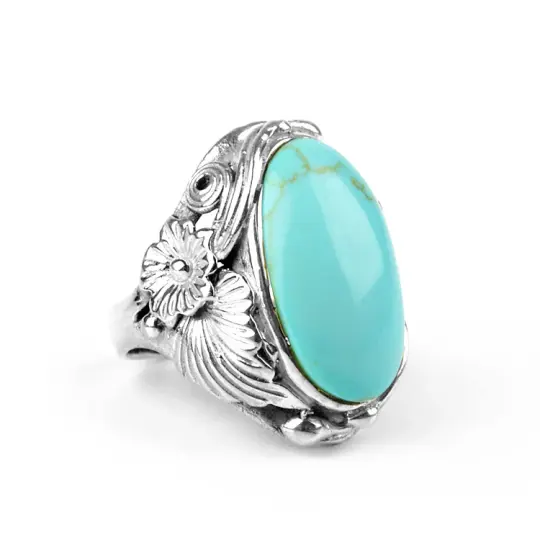 Turquoise Stone & Floral Silver Ring