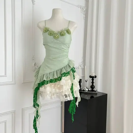 Green suspenders slim waist irregular skirt short skirt homecoming dress R5279