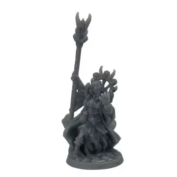 Unpainted 32mm 3D-printed robed necromancer in a crown of skulls raising a horned staff — tabletop RPG miniature for D&D, Pathfinder & wargaming