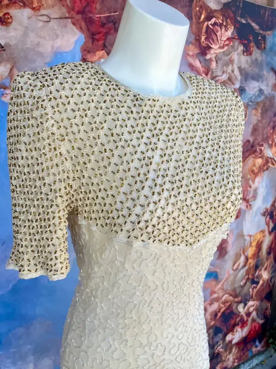 Vintage 100% Silk Hand-Beaded Gown – Champagne Gold & Pearl