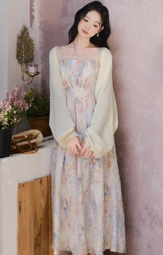 Summer small skirt French gentle style floral suspender dress plus cardigan two-piece set R2406