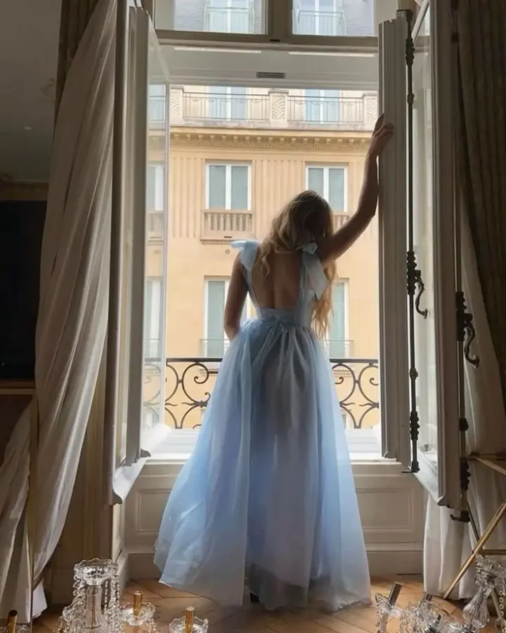 Hazy Tulle Women's Prom Gown Pale Blue Waist Fitted Maxi Evening Dress Birthday Dress — Fall Outfit 2026 New  RS3244
