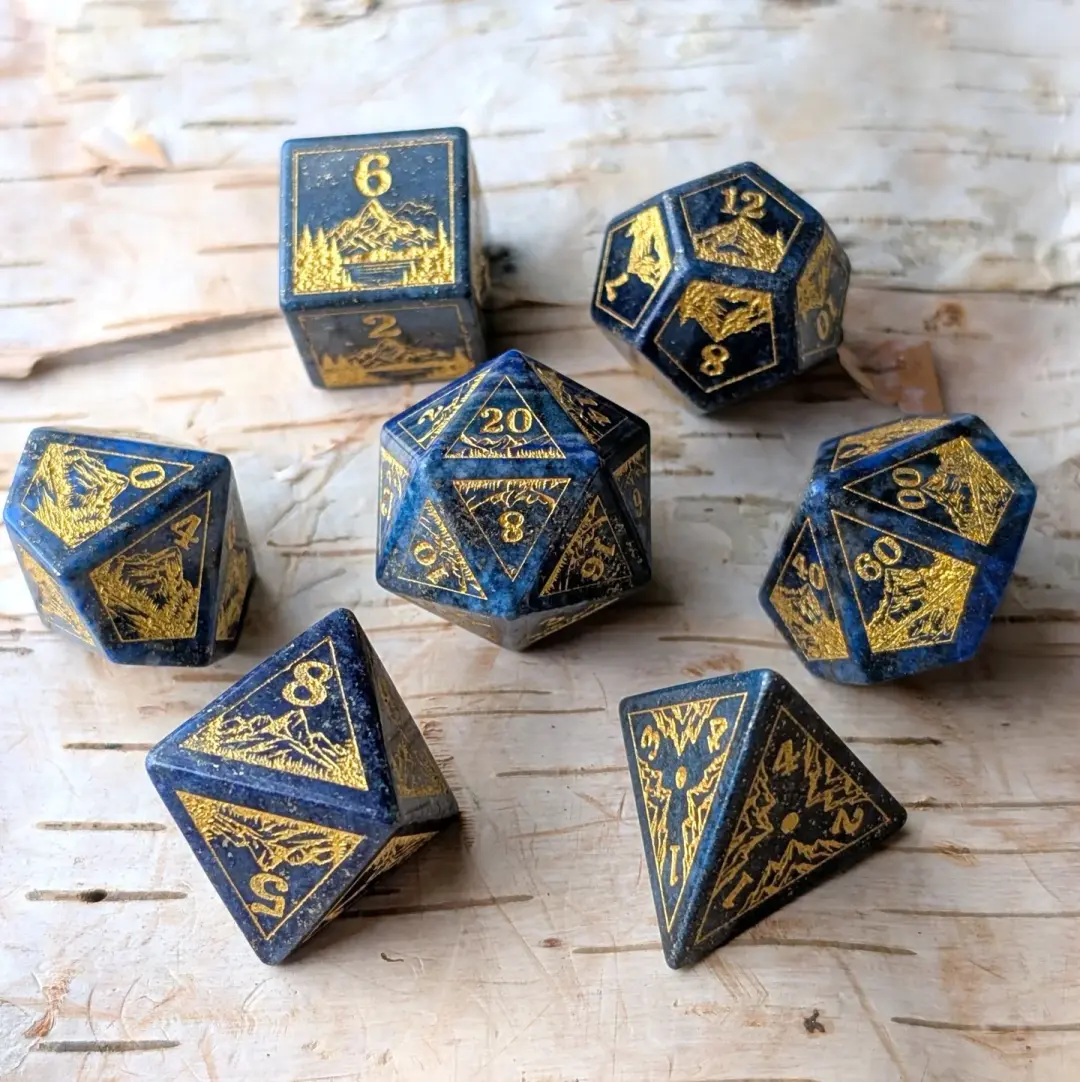 Everwild Lapis Lazuli Gemstone Dice – Forest & Mountain Etched 7-Piece Set | Fennek & Finch
