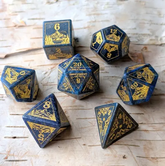 Everwild Lapis Lazuli Gemstone Dice – Forest & Mountain Etched 7-Piece Set | Fennek & Finch