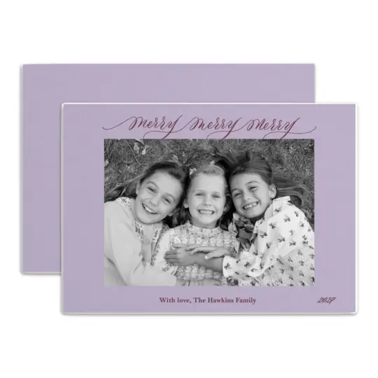 "Merry Merry Merry" Landscape Lavender with Burgundy  Foil Printed Photo Attached Holiday Card (Copy)
