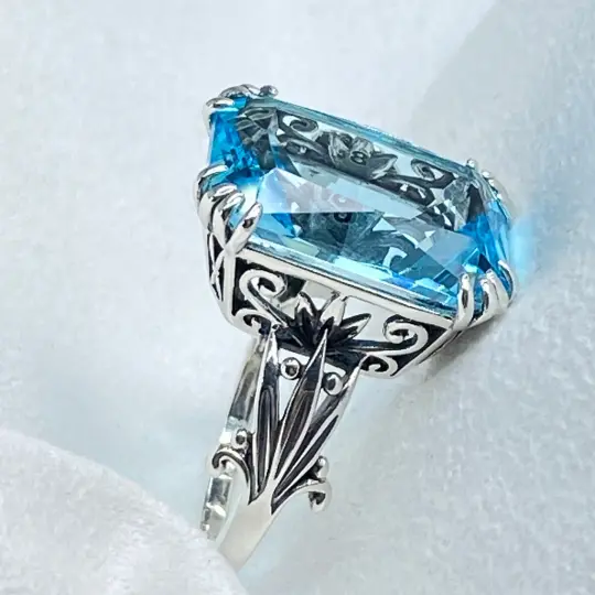 Aquamarine Ring, Size 8, Cushion Cut 13ct Gem, Luv Vintage Jewelry #D109 - Ready to Ship