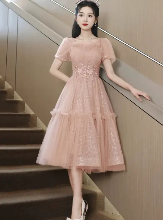 Sweet Pink Prom Dress ,A-Line Square Embroidery Corset Midi Birthday Dress RS899